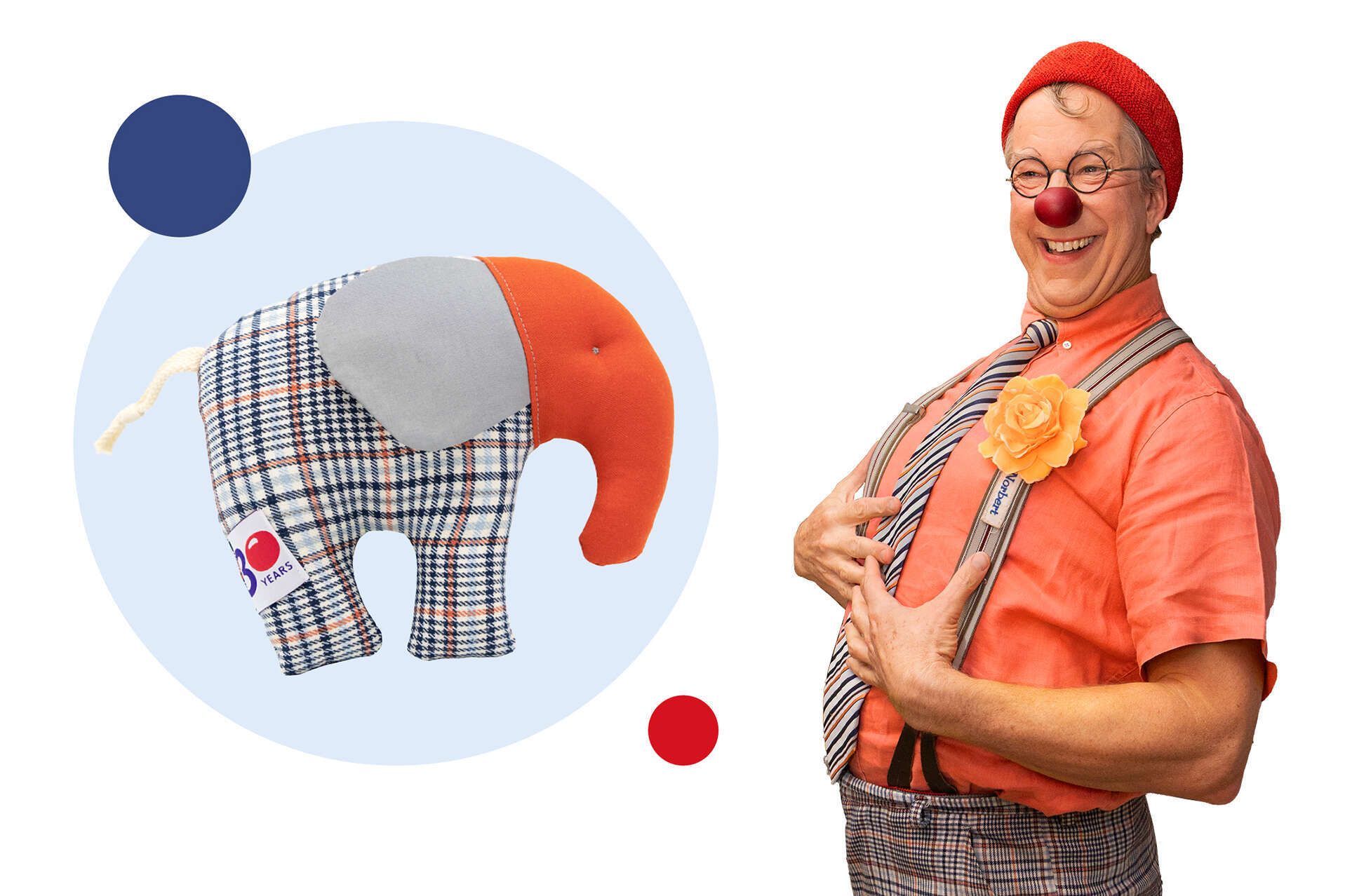 Ein Bild des Elefanten-Stofftiert in Gegenüberstellung mit Clown Norberts Kostüm.