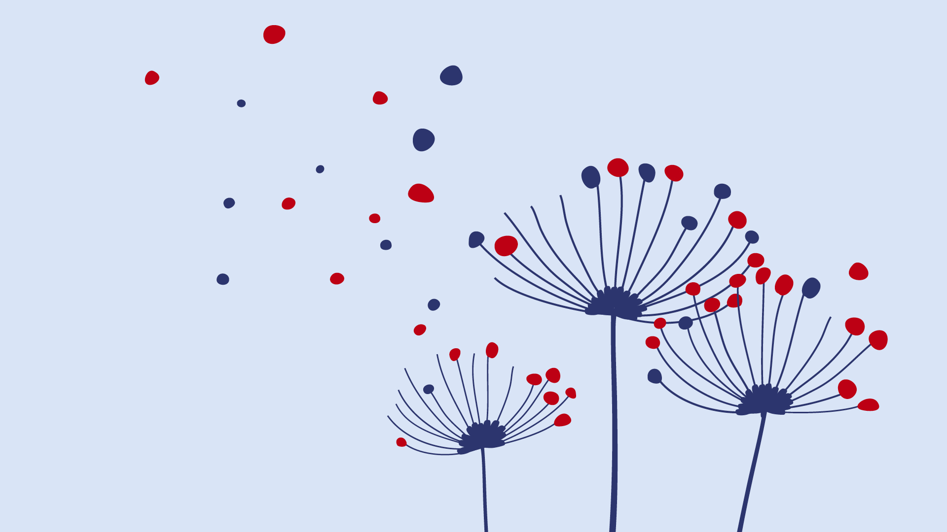Grafik mit stilisierten blauen Pusteblumen, deren Samen in Blau und Rot durch die Luft fliegen.