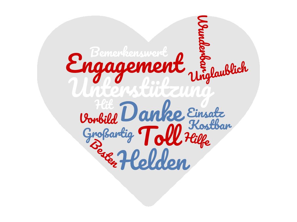 Wortwolke in Herzform in der die Worte Engagement, bemerkenswert, wunderbar, Unterstützung, unglaublich, Hit, Vorbild, Danke, Einsatz, kostbar, Hilfe, toll, großartig, besten und Helden stehen