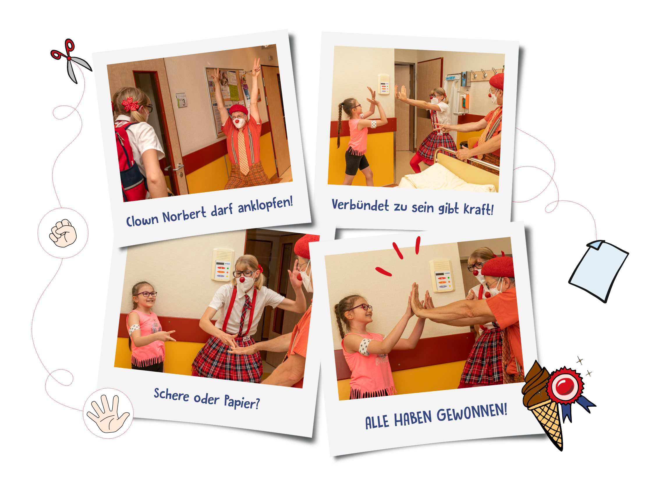 Vier Fotos von Clownbesuchen, zusammengestellt zu einer Fotocollage, mit folgenden Texten: "Clown Norbert darf anklopfen!", Verbündet zu sein gibt Kraft", "Schere oder Papier?" und "ALLE HABEN GEWONNEN".
