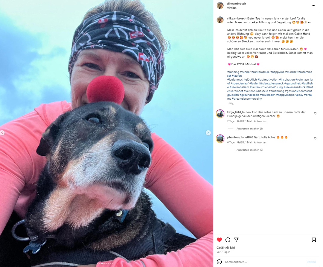 Social Media Posting von Silke Ambrosch mit ihrem Hund und roter Nase