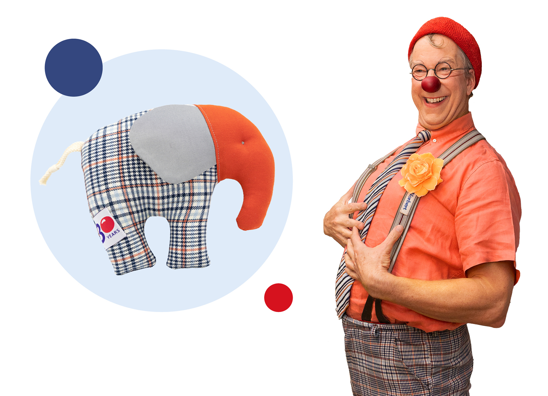 Ein Bild des Elefanten-Stofftiert in Gegenüberstellung mit Clown Norberts Kostüm.